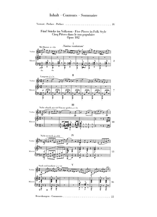 Schumann Fünf Stücke im Volkston Opus 102 Fassung für Violine und Klavier