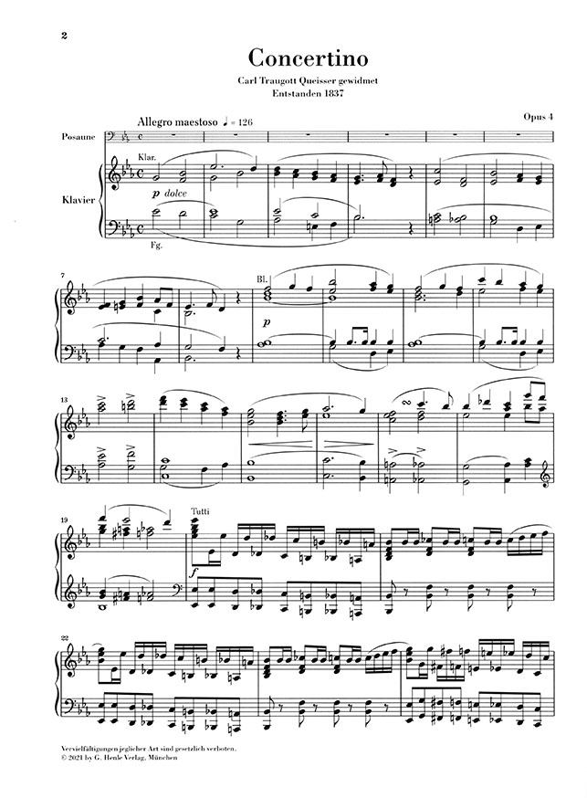 David Concertion Es-Dur Opus 4 für Posaune und Orchester Klavierauszug