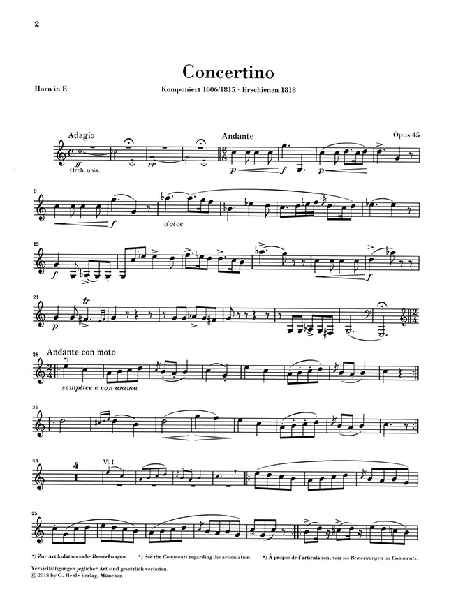 Weber Concertino Opus 45 für Horn und Orchester Klavierauszug