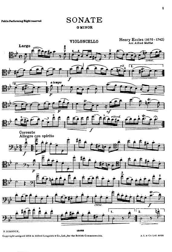Henry Eccles Sonata in G minor for Violoncello & Piano