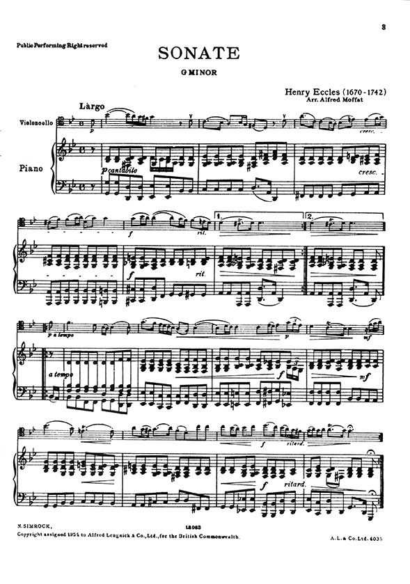 Henry Eccles Sonata in G minor for Violoncello & Piano