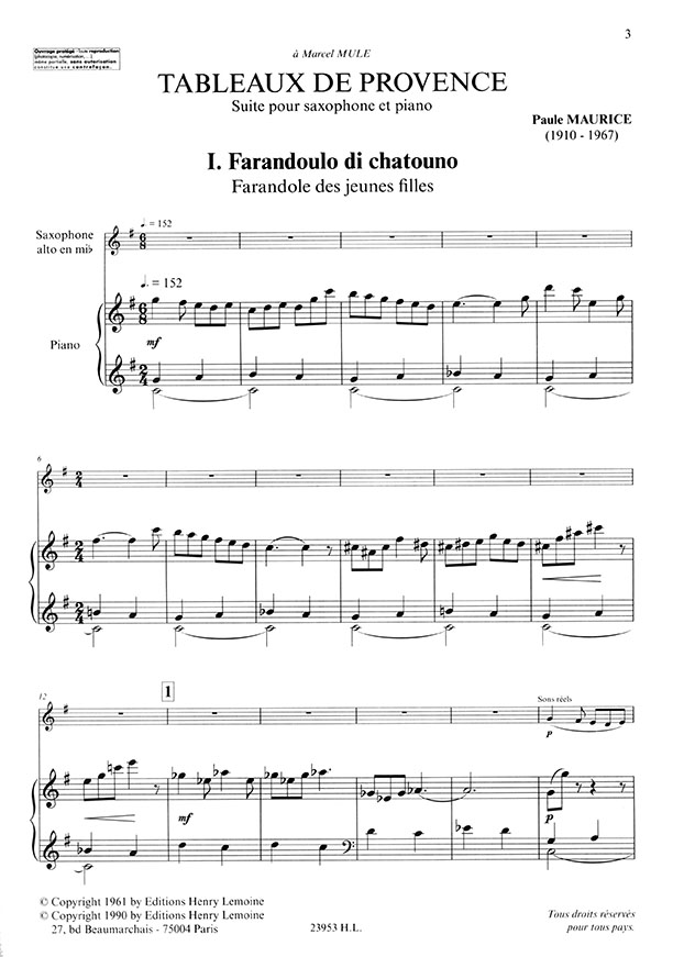 Paule Maurice Tableaux de Provence pour Saxophone et Piano