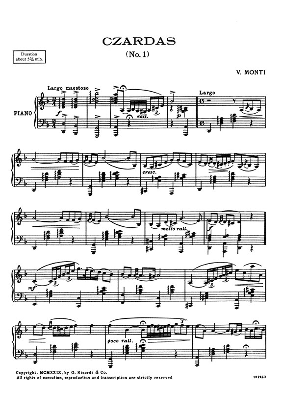 V. Monti The Celebrated Czardas Piano Solo