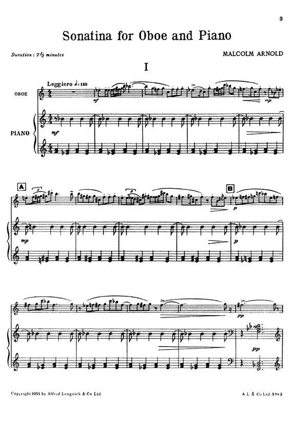 Malcolm Arnold Sonatina for Oboe & Pianoforte