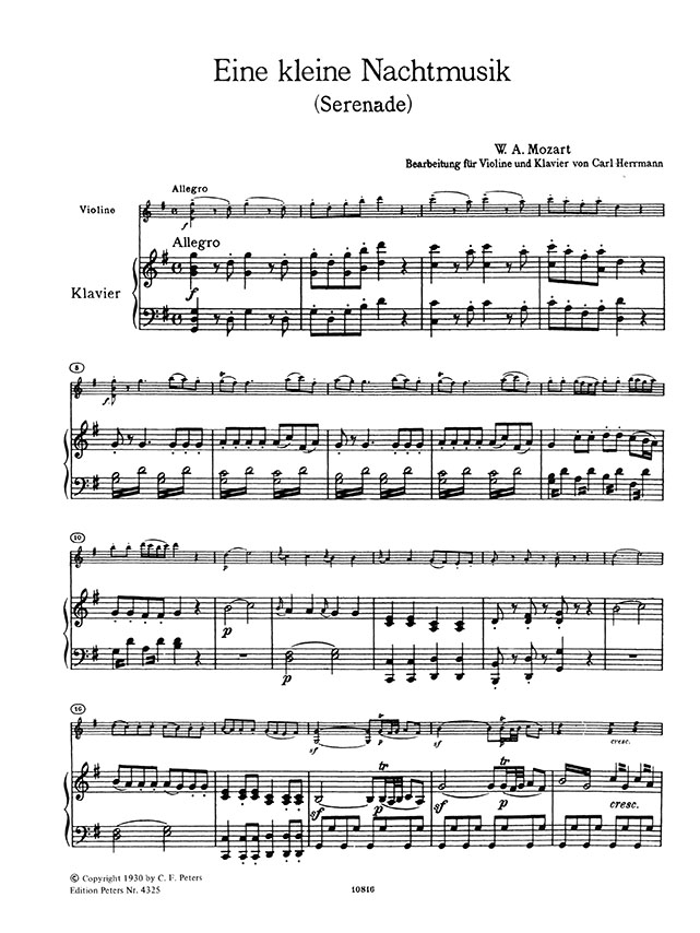 Mozart Eine kleine Nachtmusik (Serenade) G major/ G Dur  K.525 / KV525 Edition for Violin and Piano