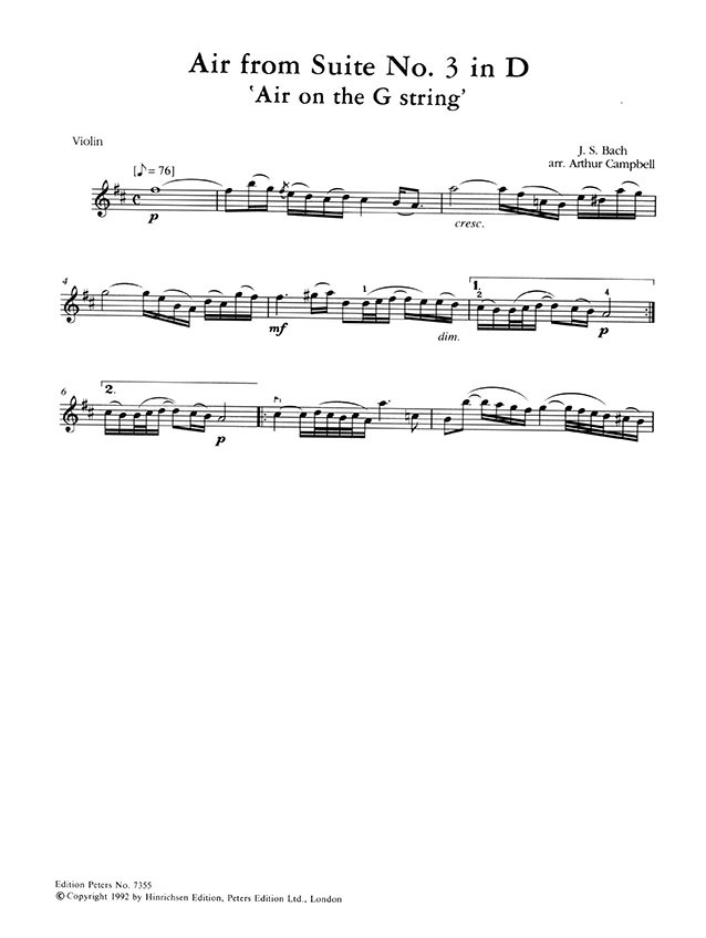 J. S. Bach Air from Suite No. 3 in D Arranged for Violin and Piano by Arthur Campbell J. S. Bach Air from Suite No. 3 in D Arranged for Violin and Piano by Arthur Campbell