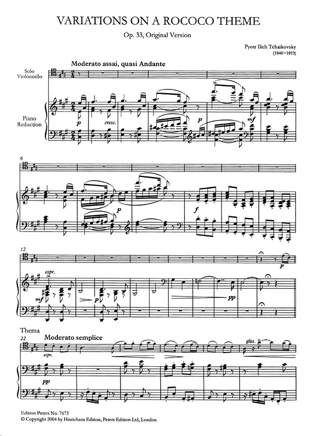 Tchaikovsky Variations on a Rococo Theme Op. 33, Original Version Edition for Violoncello and Piano (Urtext)