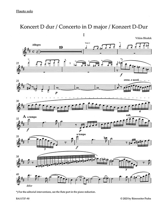 Blodek Konzert D-dur für Flöte und Orchester Klavierauszug