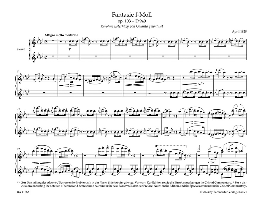 Schubert Fantasie f-Moll für Klavier zu vier Händen Op. 103 - D 940 Schubert Fantasie f-Moll für Klavier zu vier Händen Op. 103 - D 940