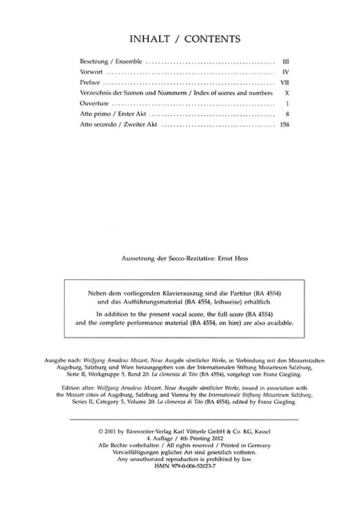 Mozart La Clemenza di Tito／Titus KV 621 (E. Schmidt) Vocal Score