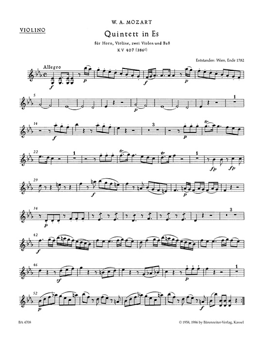 Mozart Quintett in Es für Horn, Violine, Zwei Violen und Bass (Violoncello) KV 407 (386c)
