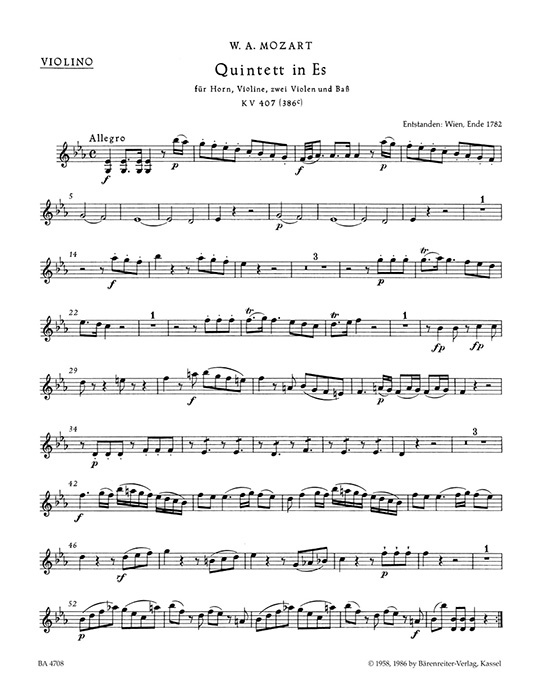 Mozart Quintett in Es für Horn, Violine, Zwei Violen und Bass (Violoncello) KV 407 (386c) Mozart Quintett in Es für Horn, Violine, Zwei Violen und Bass (Violoncello) KV 407 (386c)