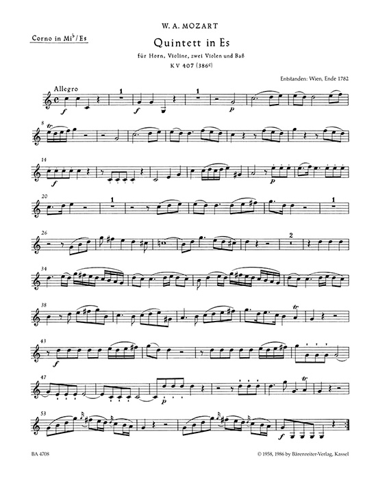 Mozart Quintett in Es für Horn, Violine, Zwei Violen und Bass (Violoncello) KV 407 (386c)