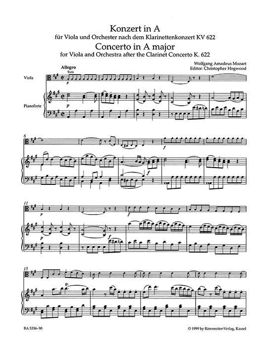 Mozart Konzert in A für Viola und Qrchester (1802) nach dem Klarinettenkonzert KV 622 (中提琴)