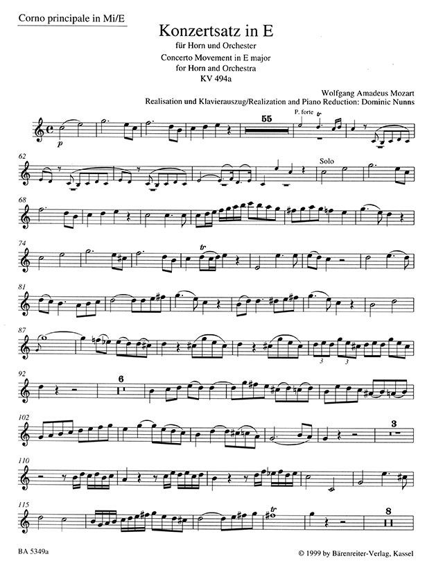 Mozart Konzertsatz in E für Horn und Orchester KV 494a Klavierauszug