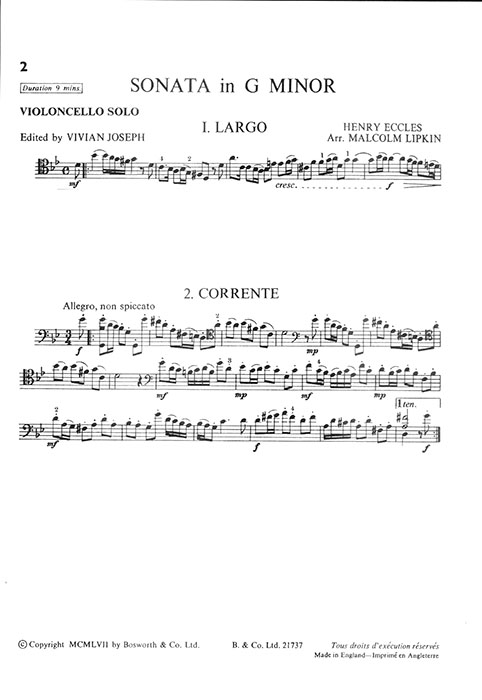 Henry Eccles Sonata in G minor for Cello and Piano Henry Eccles Sonata in G minor for Cello and Piano