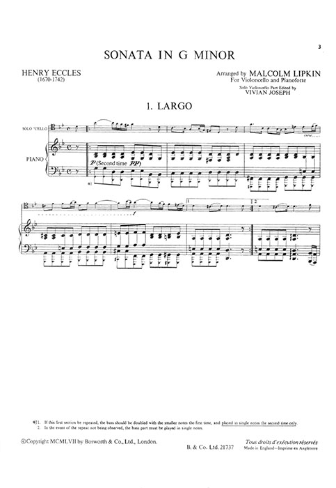 Henry Eccles Sonata in G minor for Cello and Piano Henry Eccles Sonata in G minor for Cello and Piano