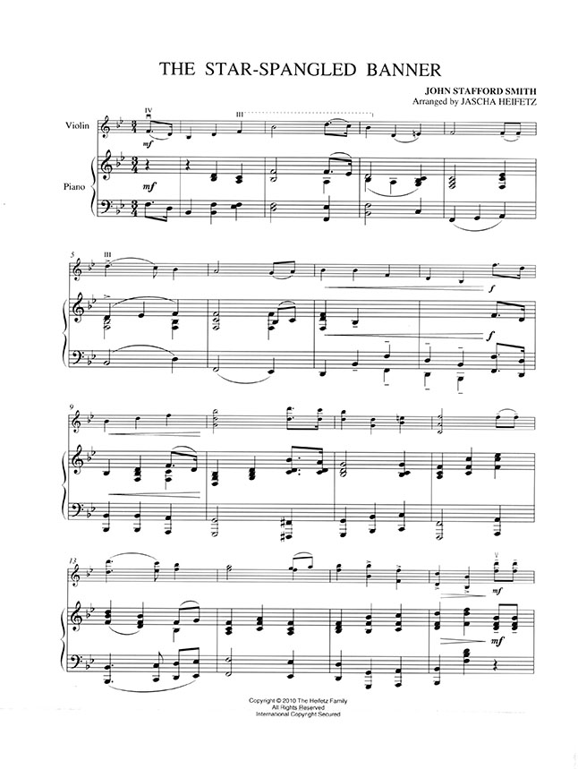 The Star-Spangled Banner Arranged for Violin & Piano by Jascha Heifetz