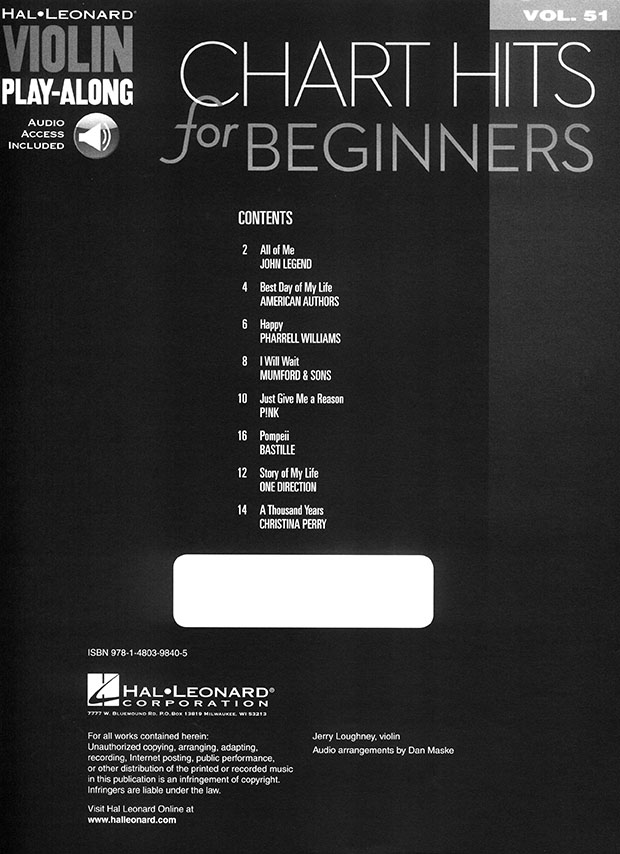 Chart Hits for Beginners Hal Leonard Violin Play-Along Volume 51