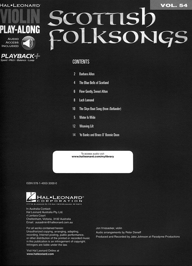 Scottish Folksongs Hal Leonard Violin Play-Along Volume 54