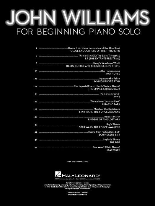 John Williams for Beginning Piano Solo