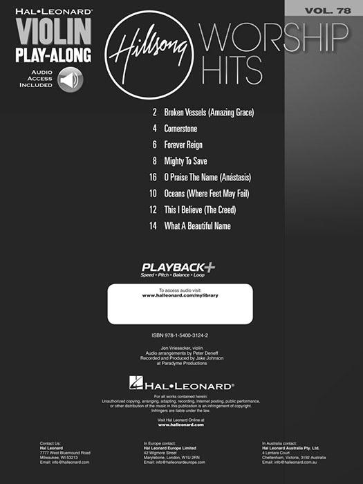 Hillsong Worship Hits Hal Leonard Violin Play-Along Volume 78