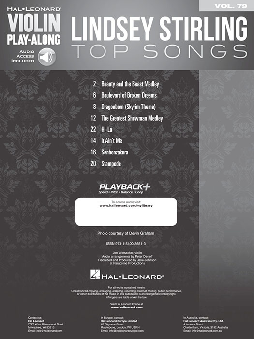 Lindsey Stirling Top Hit Songs Hal Leonard Violin Play-Along Volume 79