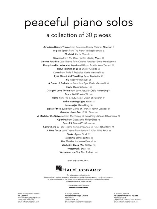 Peaceful Piano Solos a Collection of 30 Pieces