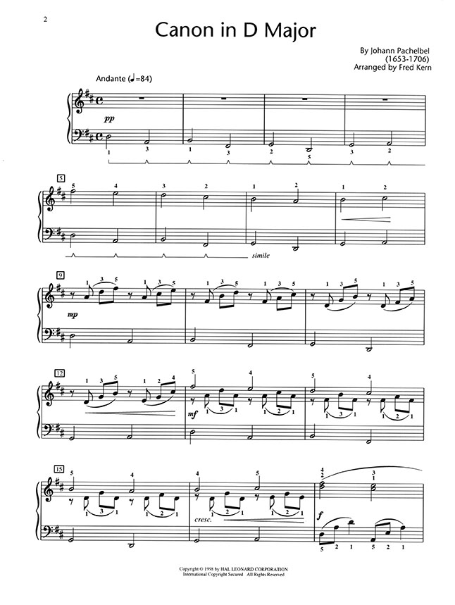 Canon in D Major by Johann Pachelbel Arranged by Fred Kern Intermediate Level 5