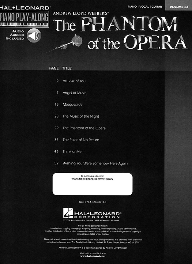 The Phantom of The Opera Hal Leonard Piano Play-Along Volume 83