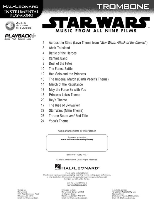 Star Wars: Music from All Nine Films Hal Leonard Instrumental Play-Along for Trombone