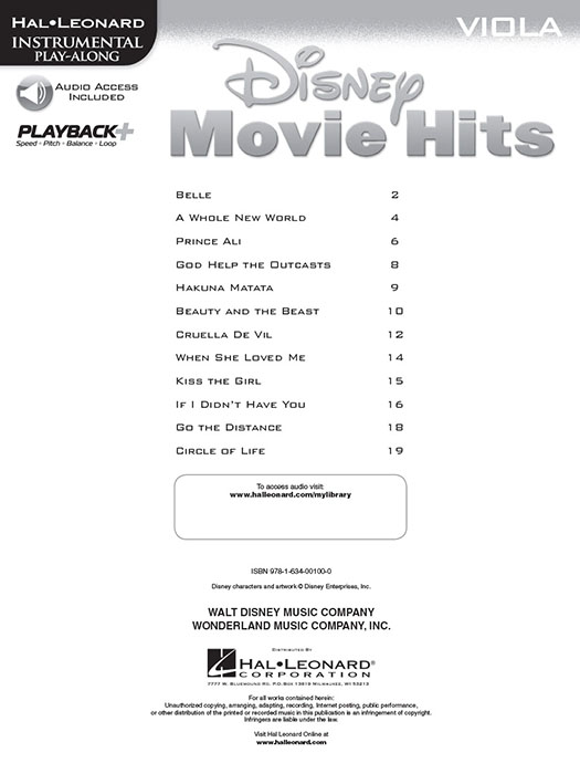 Disney Movie Hits for Viola Hal Leonard Instrumental Play-Along