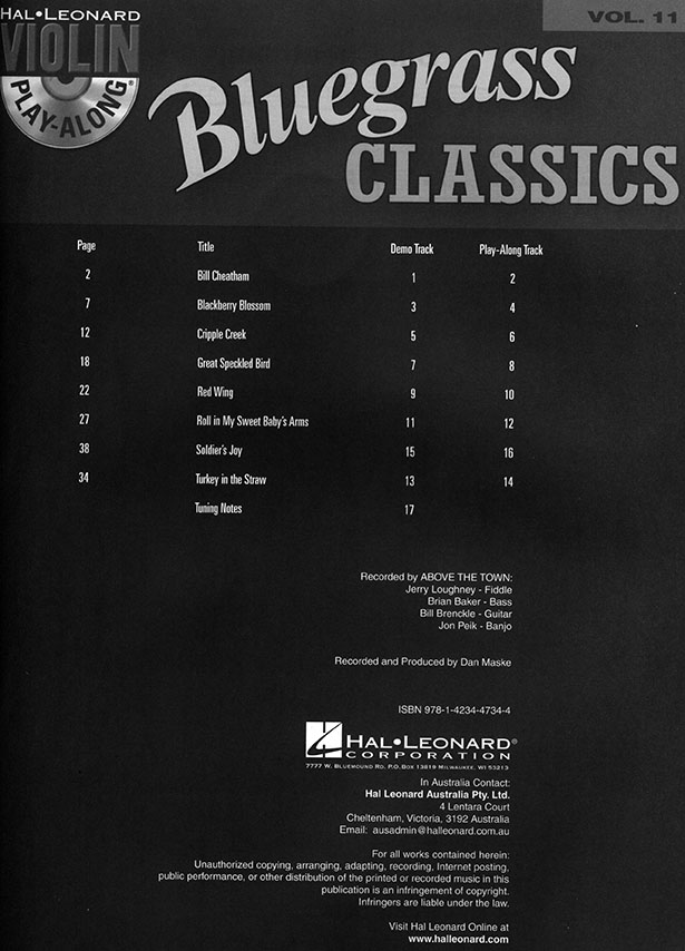 Bluegrass Classics Hal Leonard Violin Play-Along Volume 11