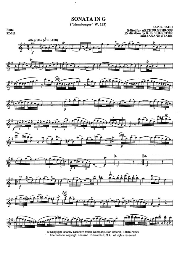 C. P. E. Bach Sonata in G "Hamburger"W. 133 for Flute and Piano C. P. E. Bach Sonata in G "Hamburger"W. 133 for Flute and Piano