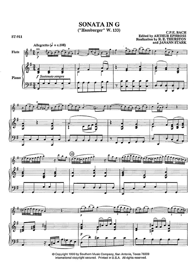 C. P. E. Bach Sonata in G "Hamburger"W. 133 for Flute and Piano C. P. E. Bach Sonata in G "Hamburger"W. 133 for Flute and Piano