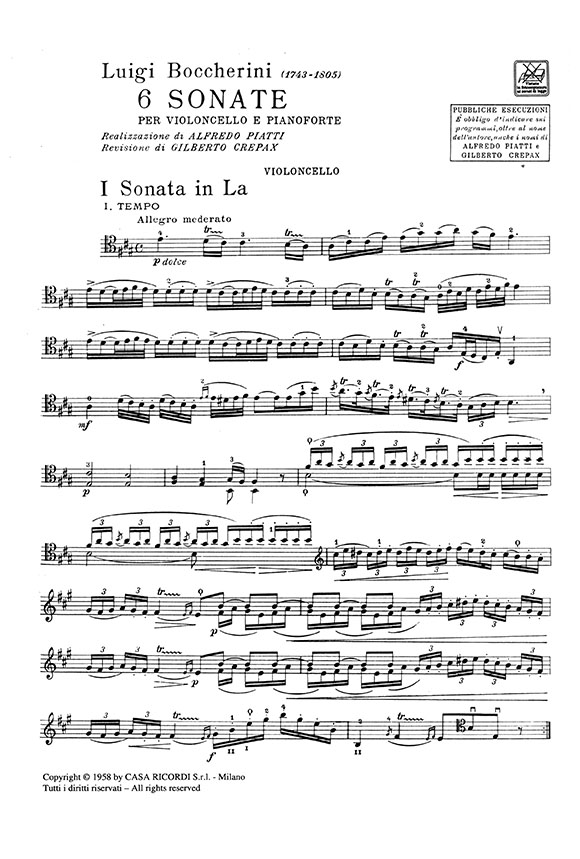 Boccherini 6 Sonate per Violoncello e Pianoforte