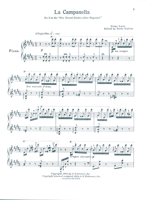 Liszt La Campanella No. 3 in the ''Six Grand Etudes after Paganini" (ed. Gallico) for Piano Liszt La Campanella No. 3 in the ''Six Grand Etudes after Paganini" (ed. Gallico) for Piano