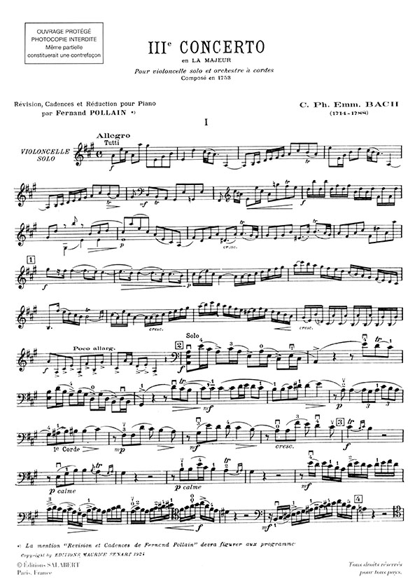 C. P. Emanuel Bach Troisième Concerto en la Majeur pour Violoncelle & Orchestre