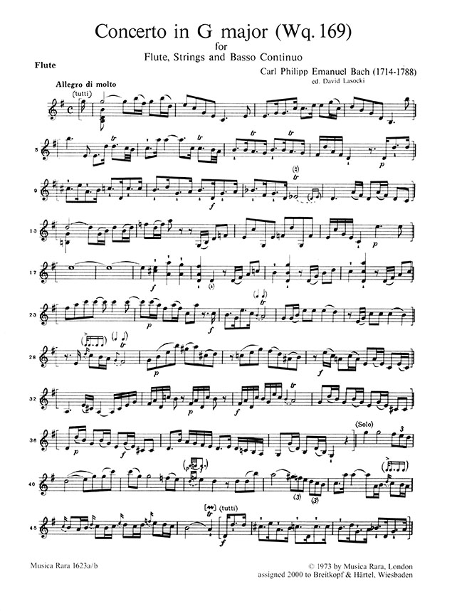 Carl Philipp Emanuel Bach Concerto for Flute, Strings and Basso Continuo in G Major Wq169 Edition for Flute and Piano