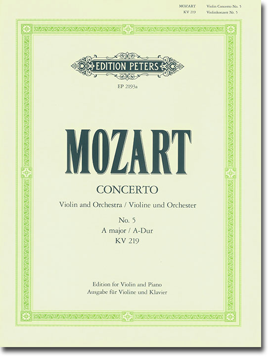 Mozart Concerto No. 5 Violin and Orchestra A major KV 219 Edition for Violin and Piano