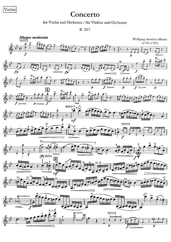 莫差特 第一號協奏曲降B大調-作品207（小提琴獨奏+鋼琴伴奏譜）