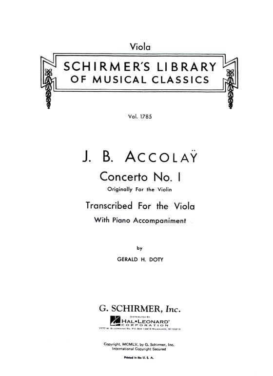 Accolay 【Concerto No. 1】Transcribed  for the Viola and Piano