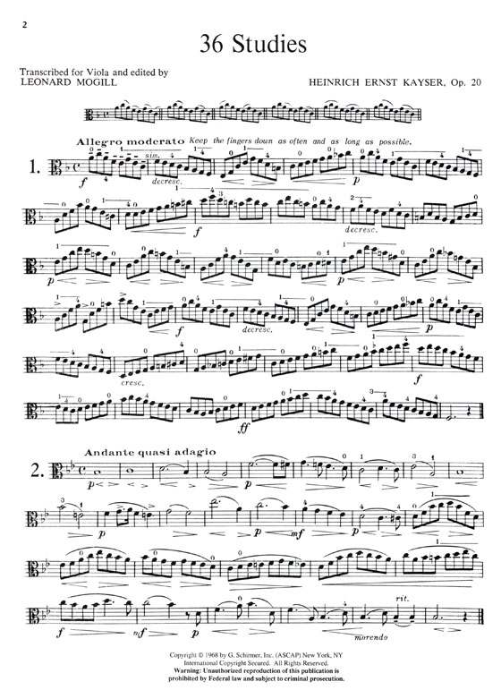 Kayser【36 Elementary and Progressive Studies , Op. 20】for the Viola (中提琴)