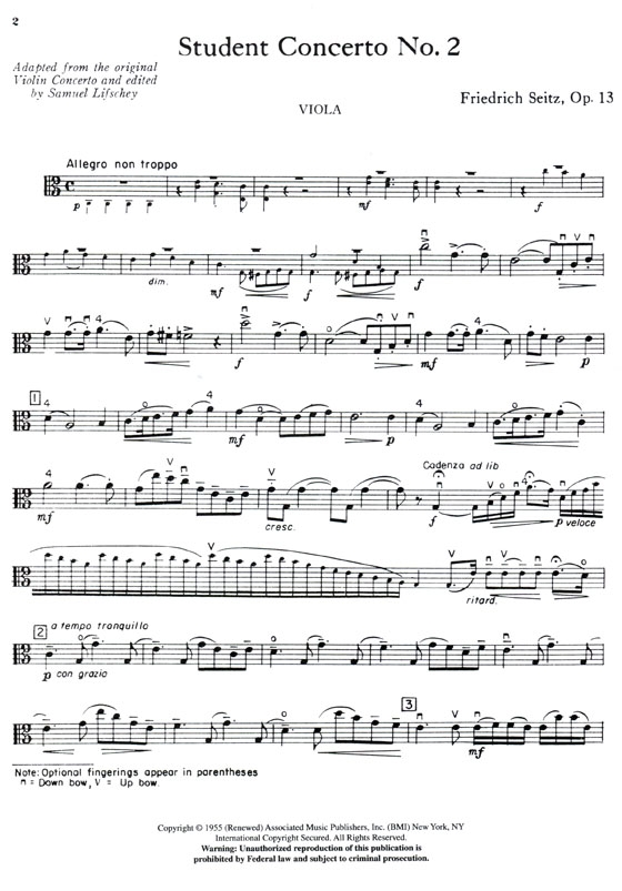 Friedrich Seitz【Student Concerto No. 2 Op.13】for Viola First Position and Piano Accompaniment