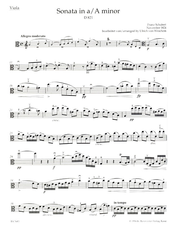 Schubert【Sonata in A Minor Arpeggione , D 821】for Viola and Piano Schubert【Sonata in A Minor Arpeggione , D 821】for Viola and Piano
