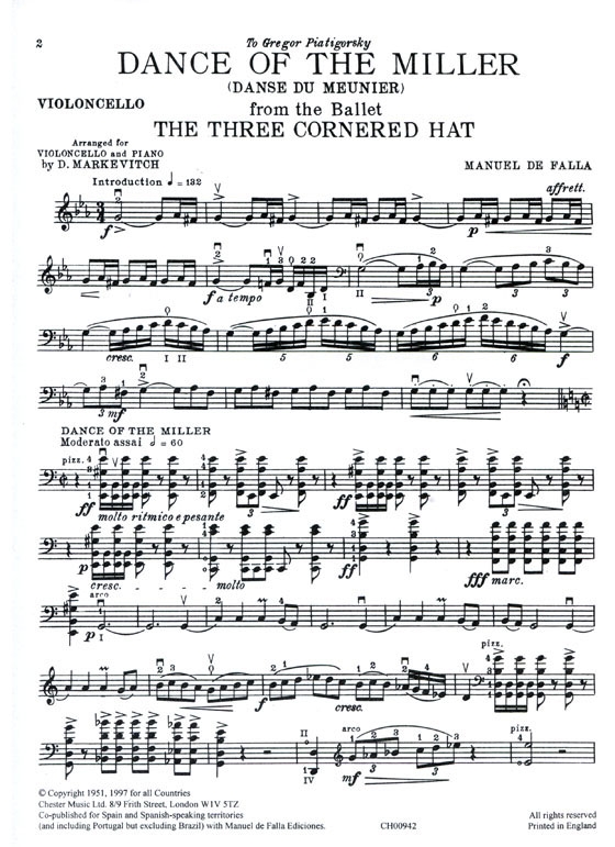 Manuel de Falla【Dance of the Miller】from the Ballet :「The Three Cornered Hat」 for Violoncello and Piano