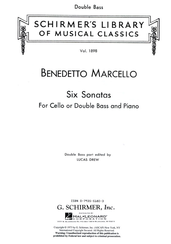 Marcello【Six Sonatas】 for Cello or Double Bass and Piano