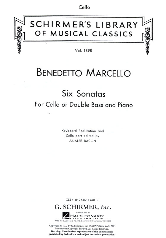 Marcello【Six Sonatas】 for Cello or Double Bass and Piano