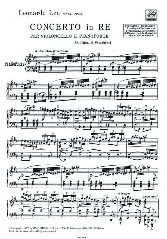 Leo 【Concerto In Re】Per Violoncello E Pianoforte