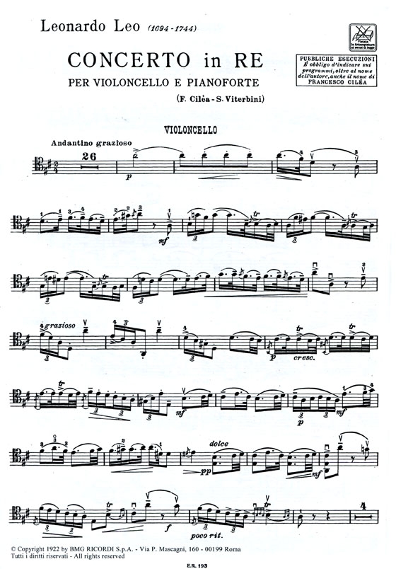 Leo 【Concerto In Re】Per Violoncello E Pianoforte